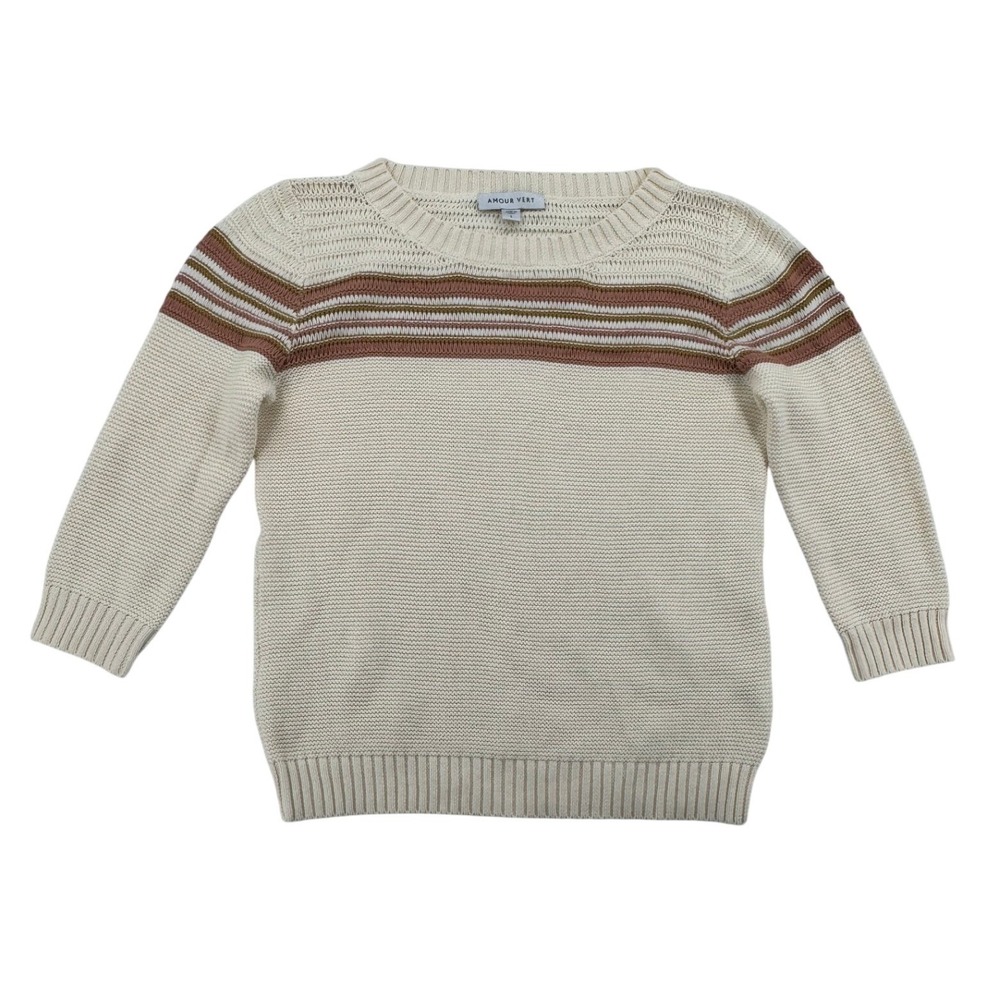 Amour Vert Sweater Womens L Cream Organic Cotton Striped Chevron Excellent 9784
